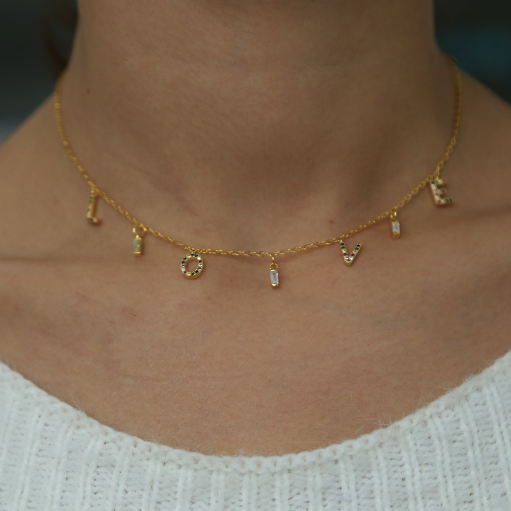 2019 valentines gift necklace for girlfriend love letter cz charm with rainbow cz gold plated statement necklaces