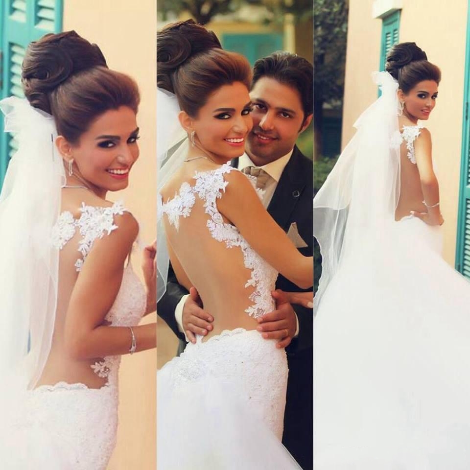 Elegant Sexy White Lace Mermaid Wedding Dresses Sheer Back Detachable Train Bridal Gowns Plus Size Vestidos De Noiva 0510