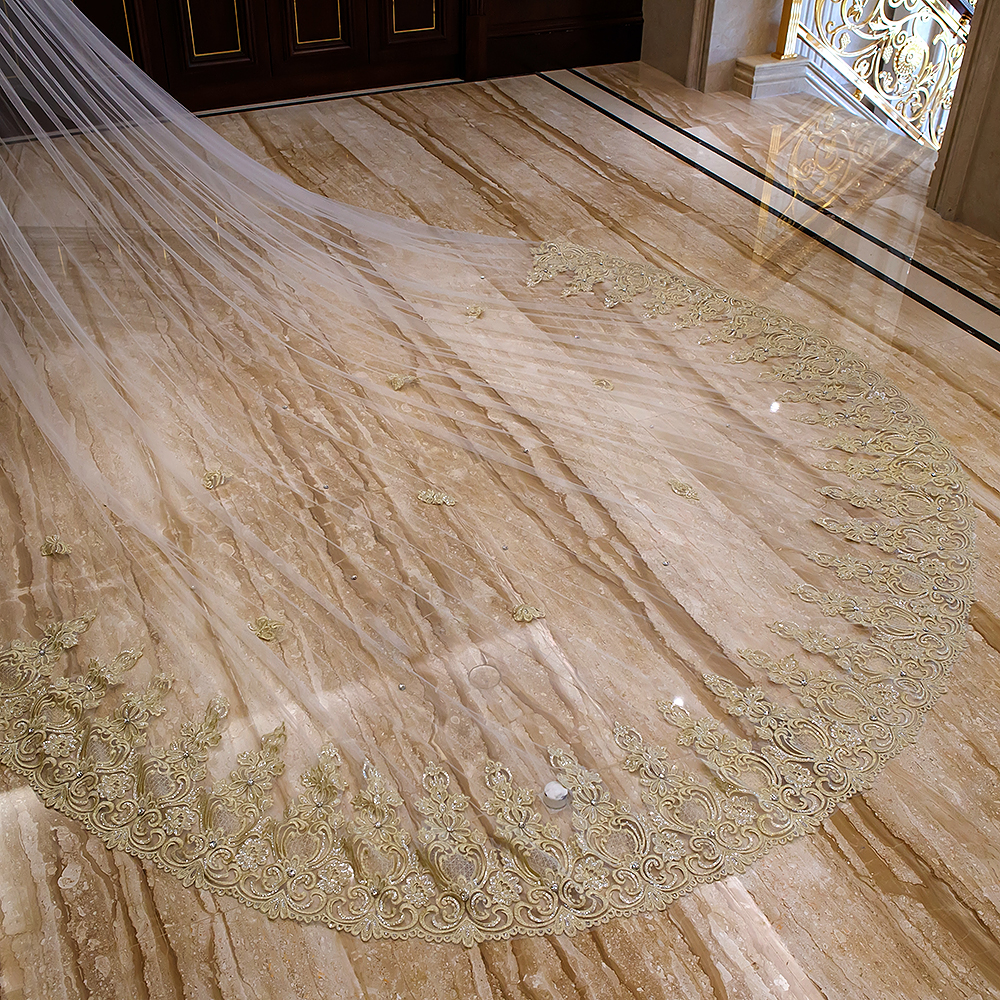 Gold Wedding Veils Lace Appliques Rhinestones Two Pieces Cathedral Length Blusher Veil Custom Made Top Quality Bridal Veils