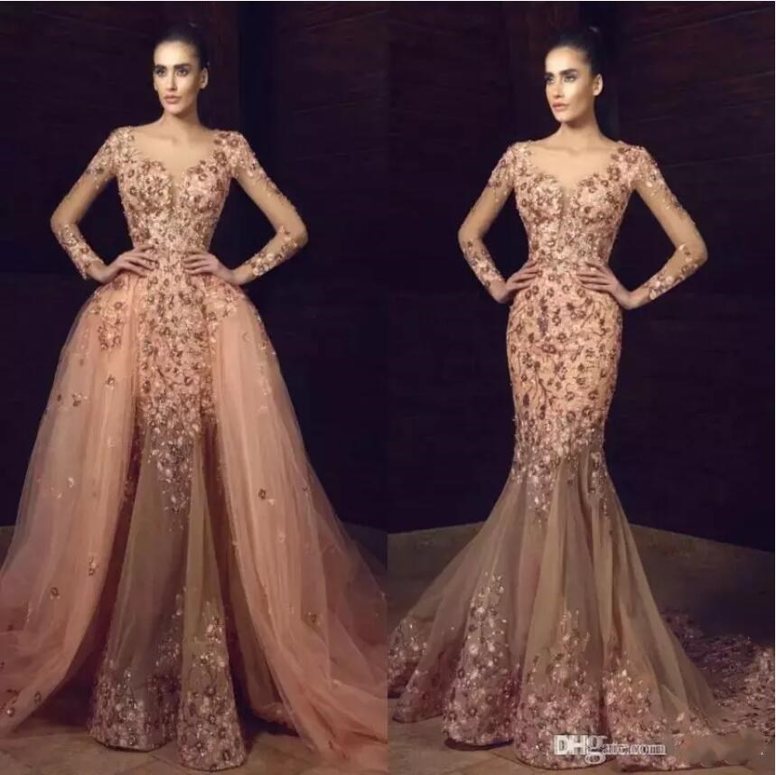 Tony Chaaya Prom Dresses Long Sleeves Wer Embroidery Beaded Mermaid Overskirts Evening Gowns Sexy Plus Size Custom Made Formal Dress 6660306