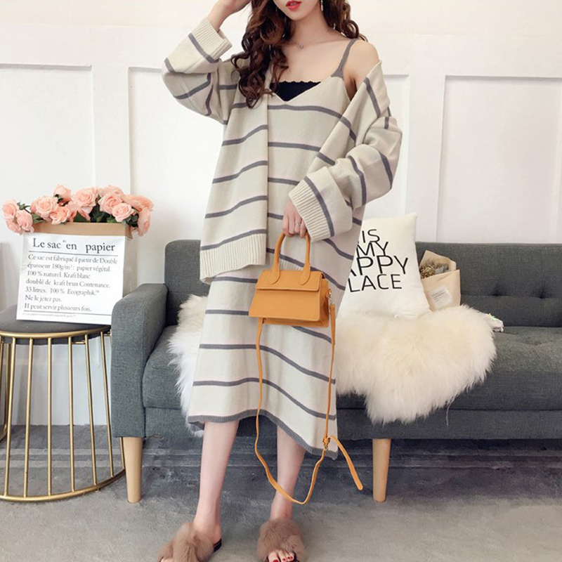 GOPLUS Two Pieces Set Autumn Woman Striped Strap Dress Suit Women 2018 New Fashion Cardigan Dress Set Knit Suit Set Female C6527 D18110503