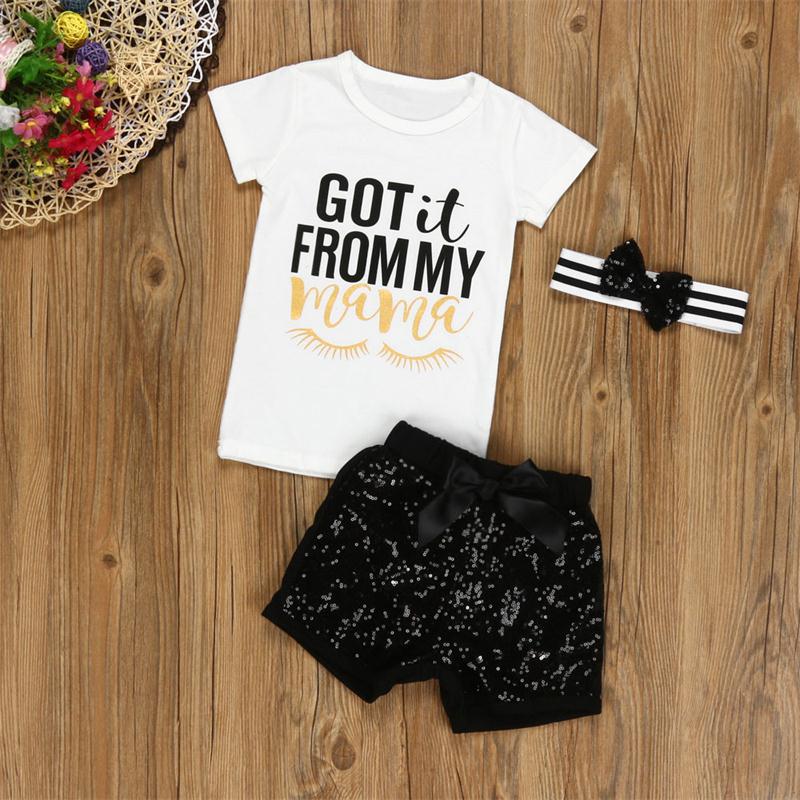 Summer girls clothing sets kids clothes Newborn Baby Got it From My Mama Letter Print White T shirt+black sequin Pants+Headband Outfits, As pic
Summer girls clothing sets kids clothes Newborn Baby Got it From My Mama Letter Print White T shirt+black sequin Pants+Headband Outfits, As pic