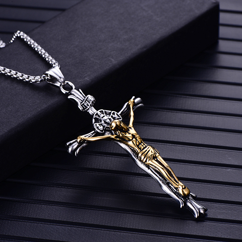Mens Retro Jesus Cross Pendant Necklace Stainless Steel Gold Plated Fashion Jewelry Gift Non-fading Not Sensitive