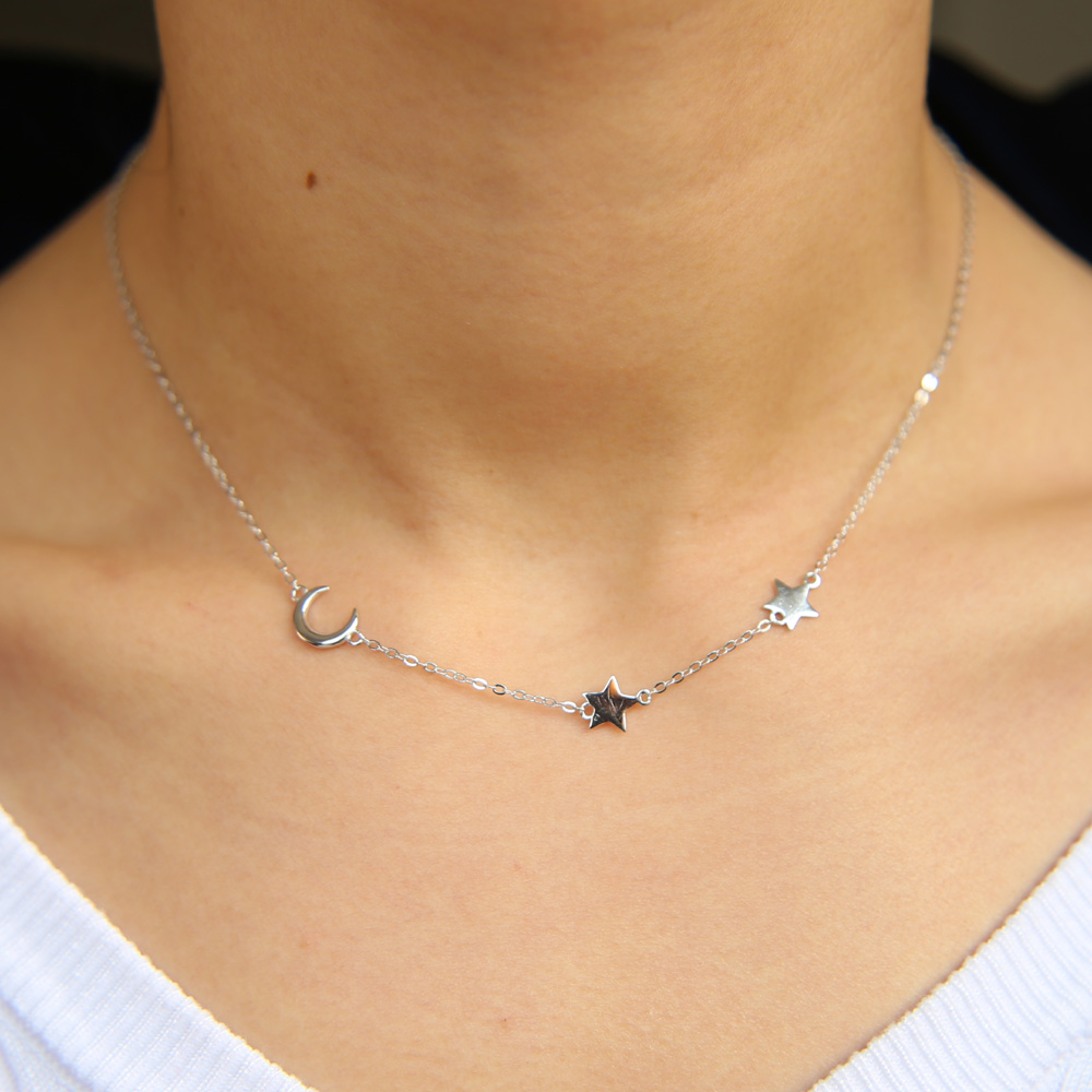 100% 925 sterling silver women chain simple moon star charm design minimal delicate jewelry high polished lovely necklace for christmas gift