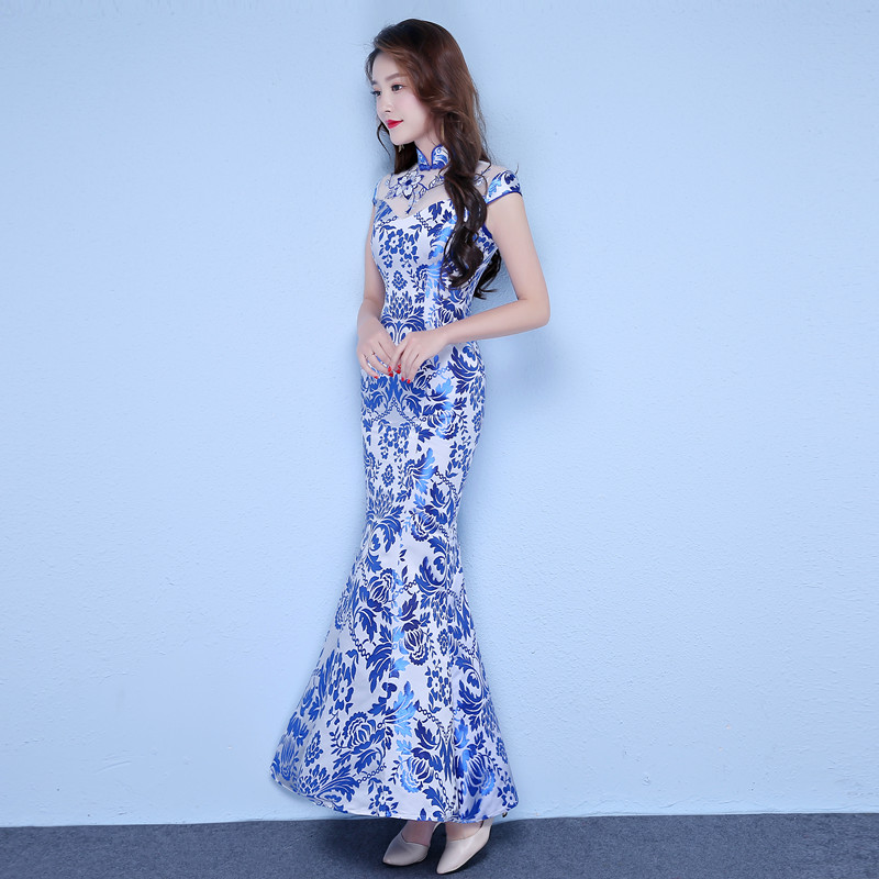 New fashion summer blue cheongsam party dress women long fishtail elegant Qipao slim short sleeve vestido national Chinese tang suit