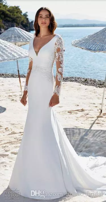 Modest Eddy k Mermaid Wedding Dresses Long Sleeve V Neck Lace Bridal Gowns Sweep Train Beach Wedding Dress Plus Size