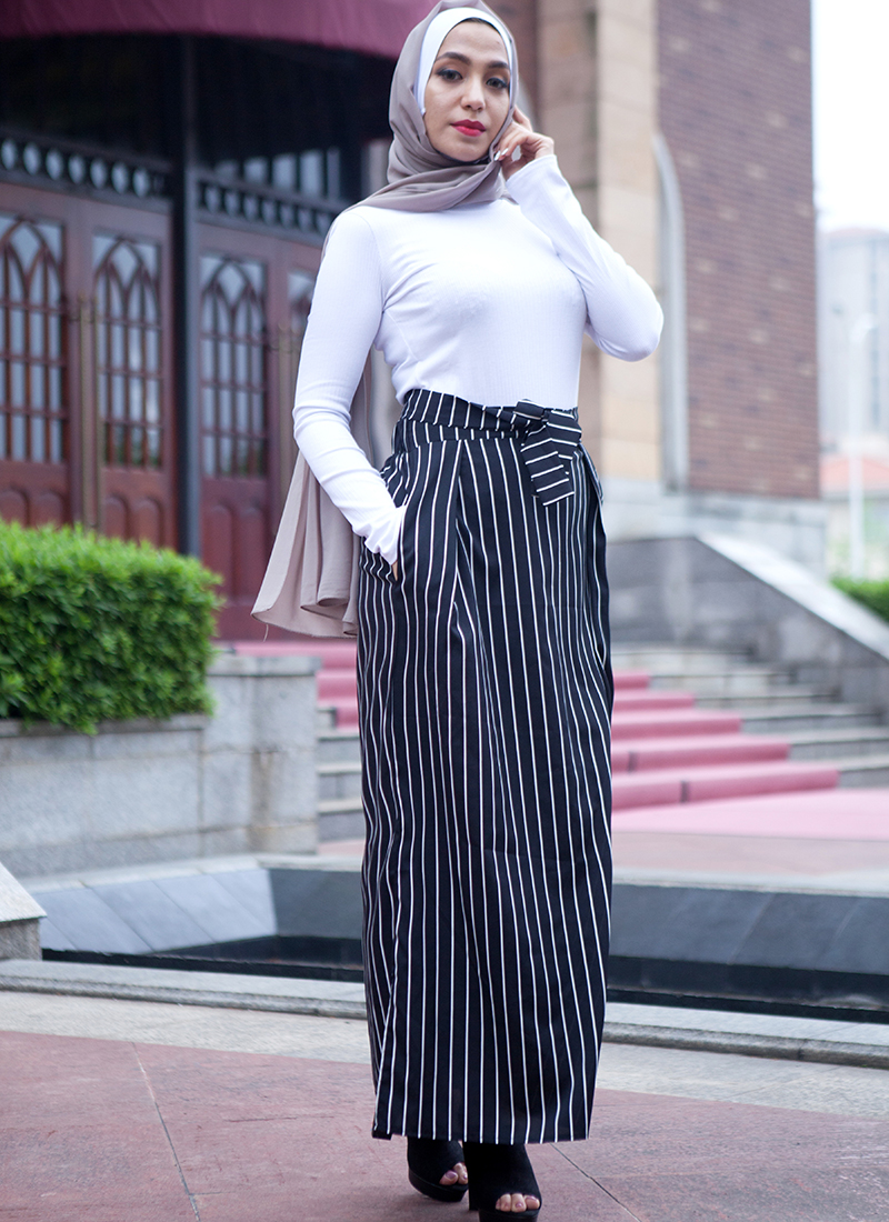 Faldas mujer moda 2018 Women Summer Skirts Striped Long Muslim Skirts Jupe Longue Femme Dubai Turkish Islamic Skirt with Pockets