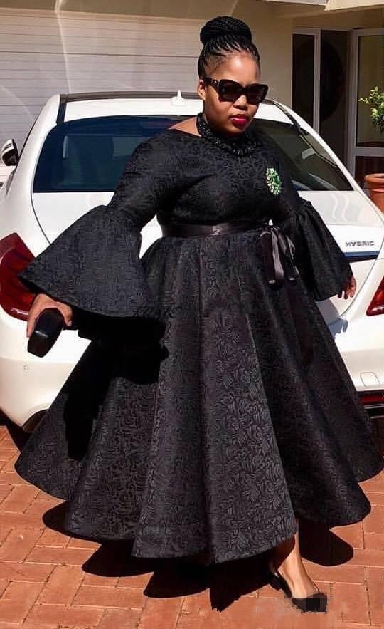 Aso Ebi Black Prom Dresses Plus Size Lace Ankle Length Party Dress Sexy South Africa Long Sleeve Jewel Neck Evening Gown Cheap