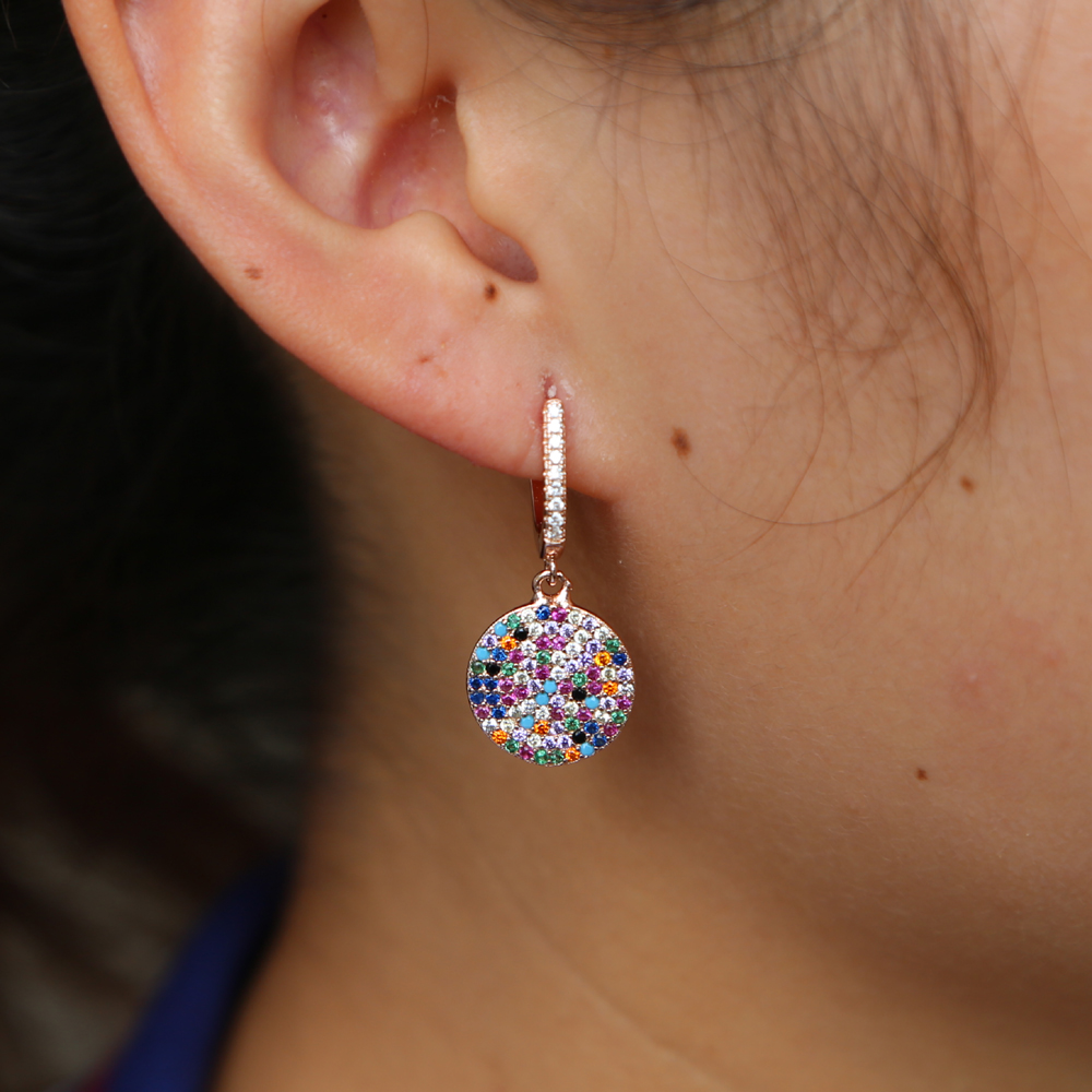 rainbow cz dangling earring for women gold plated elegance round disco charm with colorful cz fashion charm drop earrings