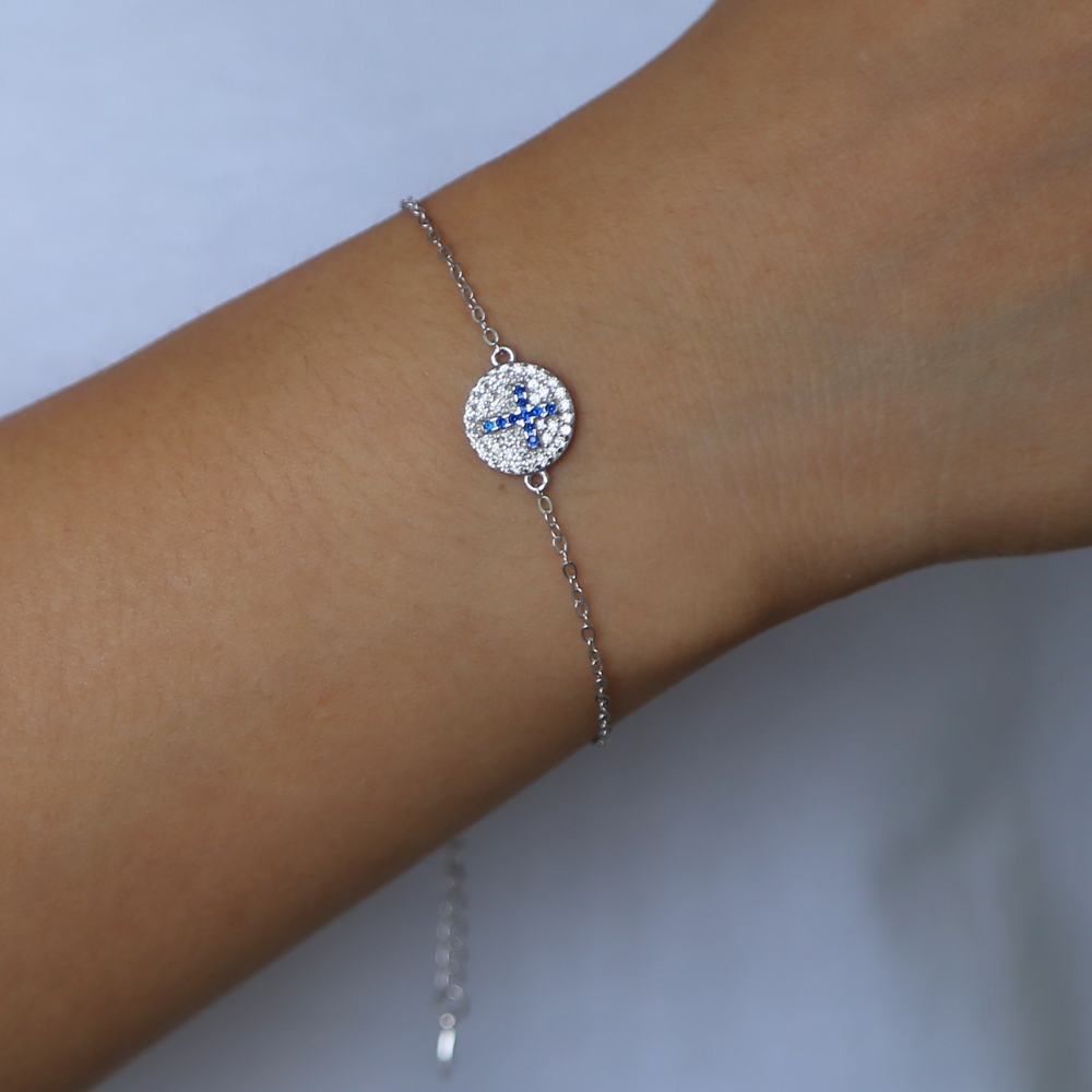 100% 925 sterling silver minimal jewelry blue cross engraved round disco disk charm simple cz paved silver bracelet necklace set