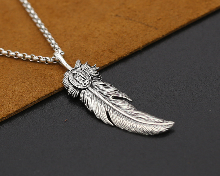 Brand new 925 sterling silver vintage jewelry antique silver Japan unique hand-made designer feather necklace pendants no chain mens