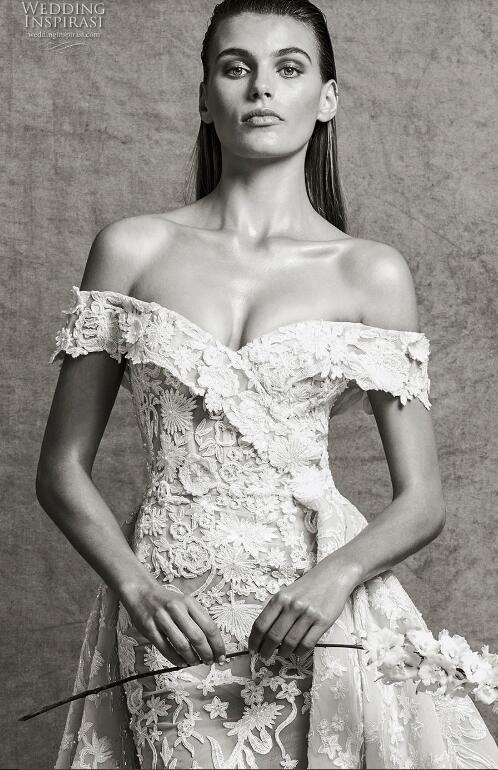 Zuhair Murad Fall 2018 Wedding Dress Off Shoulder Lace Floral Applique Beads Tulle Bridal Gowns With Removable Sweep Train