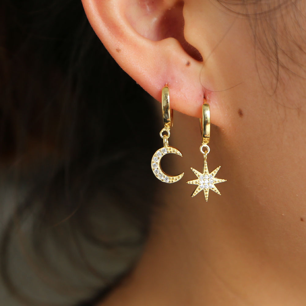 moon star earring dangle cute moon starbust charm gold plated 2018 Christmas gift gift 925 sterling silver Gorgeous women jewelry