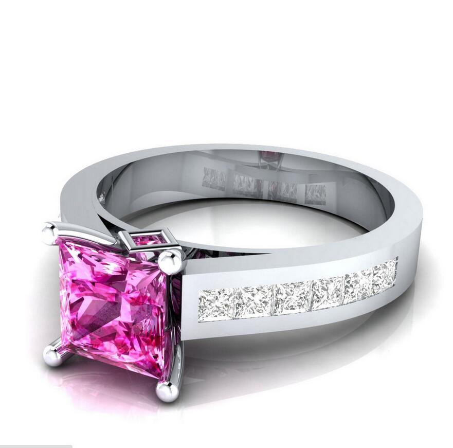Victoria Wieck Luxury Jewelry Handmade 925 Sterling Silver Filled Princess Cut Pink Sapphire CZ Diamond Gemstones Women Wedding Band Ring