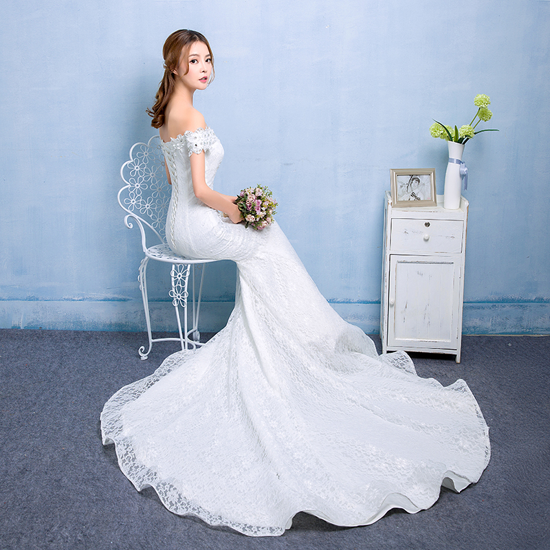 Real Photo Sexy Mermaid Train Wedding Dress 2018 New Style Korean Smiple Lace Crystal Fishtail Bride Princess estidos de noiva