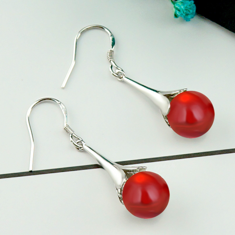 Red Agate Bead Dangle Earrings Jewelry S925 Silver Plated Vintage Tassel Drop Earring