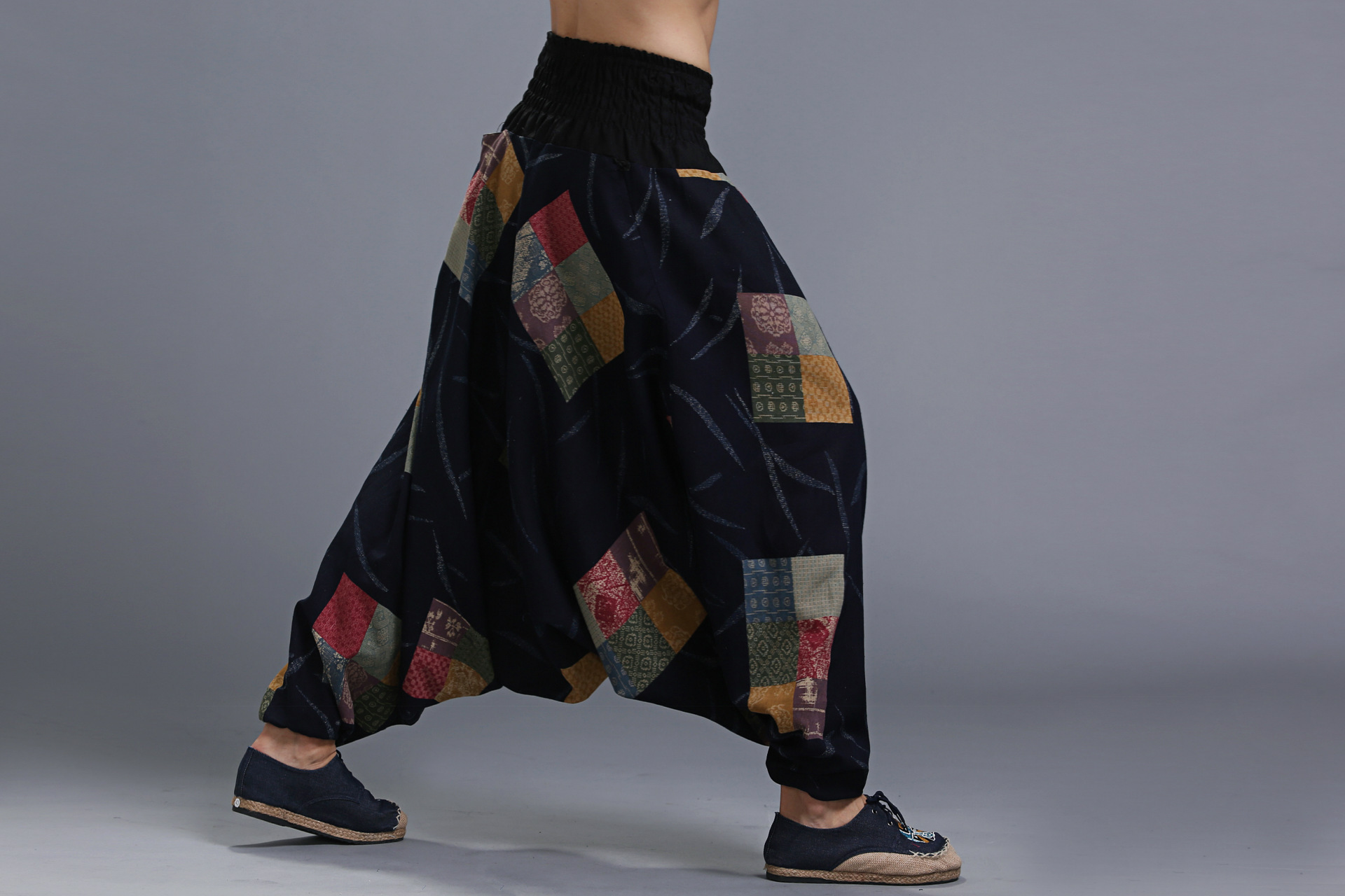 Unisex Casual Big Large crotch Elastic pants India Nepali yoga trousers Chinese Style Men wear black blue Red Vintage Print Harem Pants