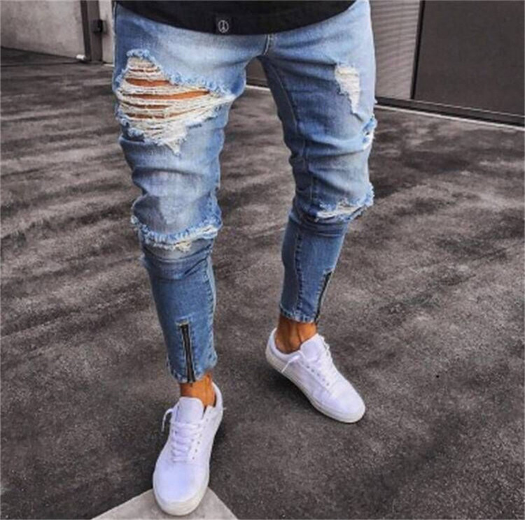 Ripped Slim Fit For Men, Hip Hop Streetwear Denim Joggers, Washed Destroyed Jeans With Knee Holes, Men's Fashion B3