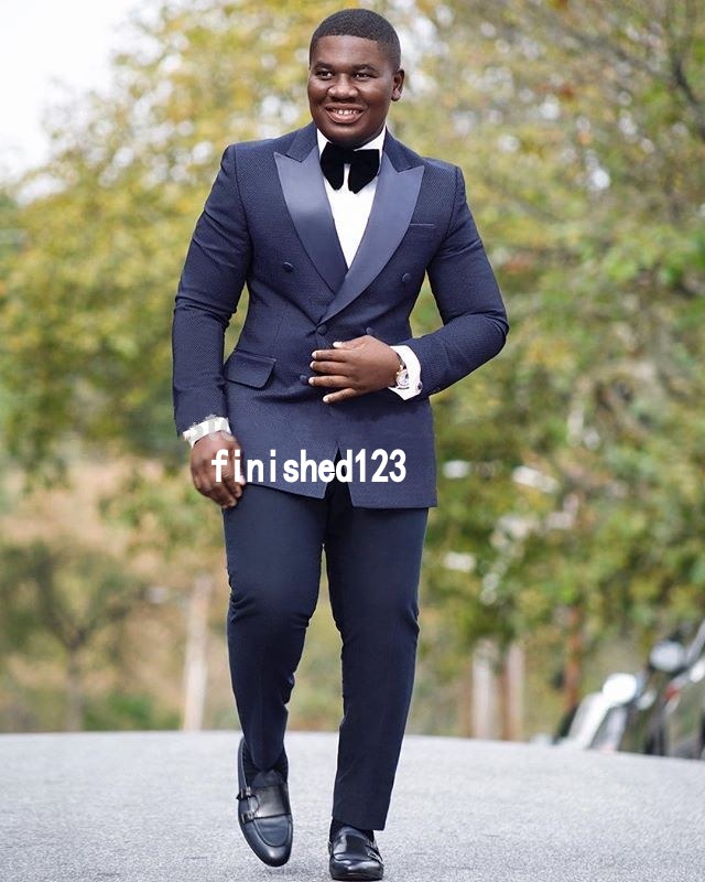 

New Arrivals Double Breasted Navy Blue Groom Tuxedos Groomsmen Peak Lapel Best Man Blazer Mens Wedding Suits (Jacket+Pants+Tie) D:63, Same as image