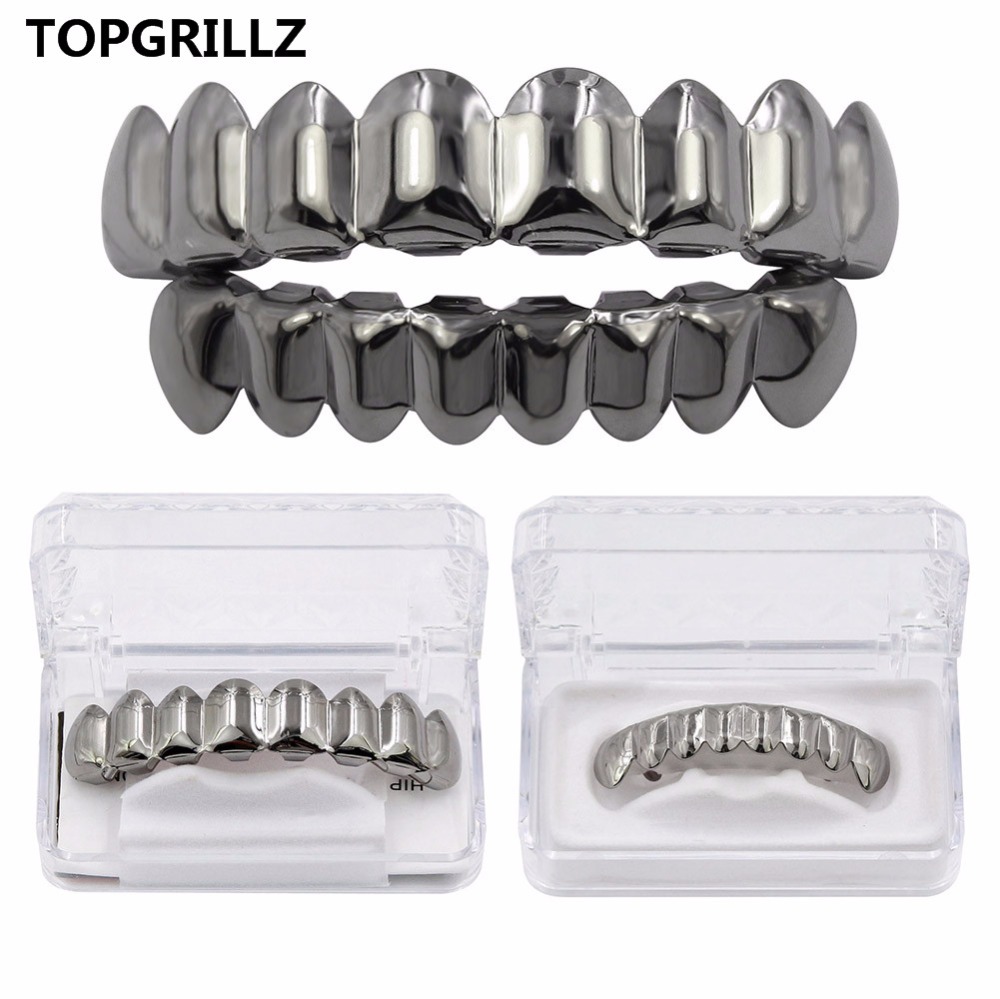 TOPGRILLZ Hip Hop Grills Set Gold Finish Eight 8 Top Teeth 8 Bottom Tooth Plain Clown Halloween Party Jewelry