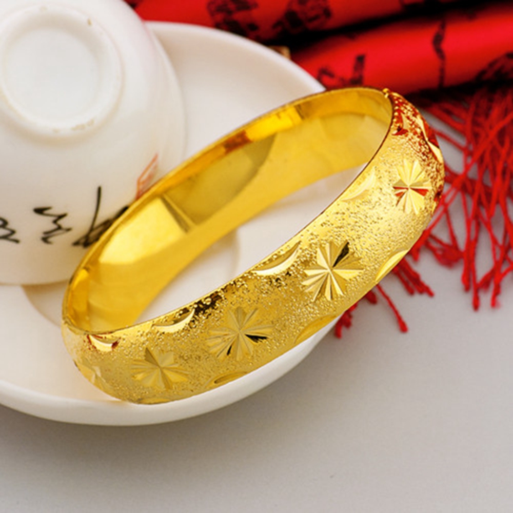 Thick Bangle 15mm Wide 18k Yellow Gold Filled Star Carved Womens Bangle Wedding Jewelry Gift Dia 60mm