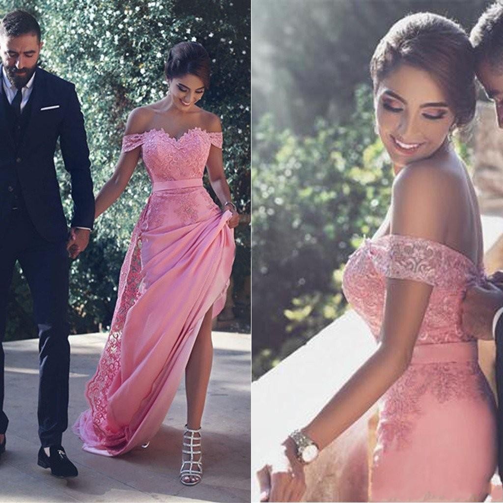 Bridesmaid Dresses Cheap Long Weddings Guest Dress Off Shoulder Pink Lace 3D Floral Applique Sash Mermaid Plus Size Maid Of Honor Gowns