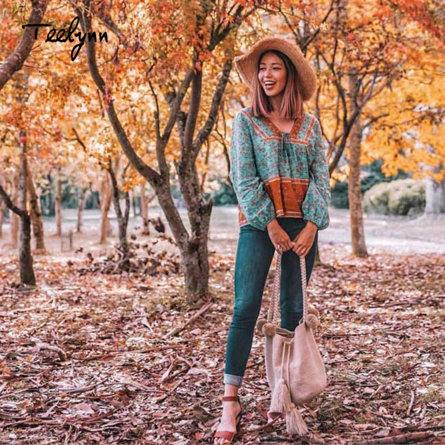 Boho blouse 2018 autumn red floral print blouses sexy V-Neck long Sleeve blouse Bohemia rayon women blouses Hippie TOP1