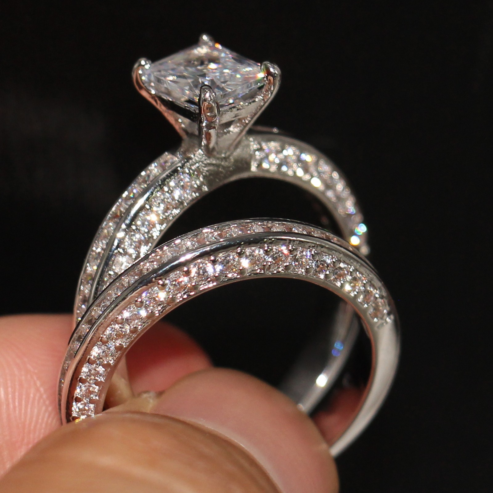 Victoria Wieck Sparkling Handmade Jewelry Couple Rings 925 Sterling Silver Eternity Princess Cut White Topaz CZ Diamond Bridal Ring Set Gift