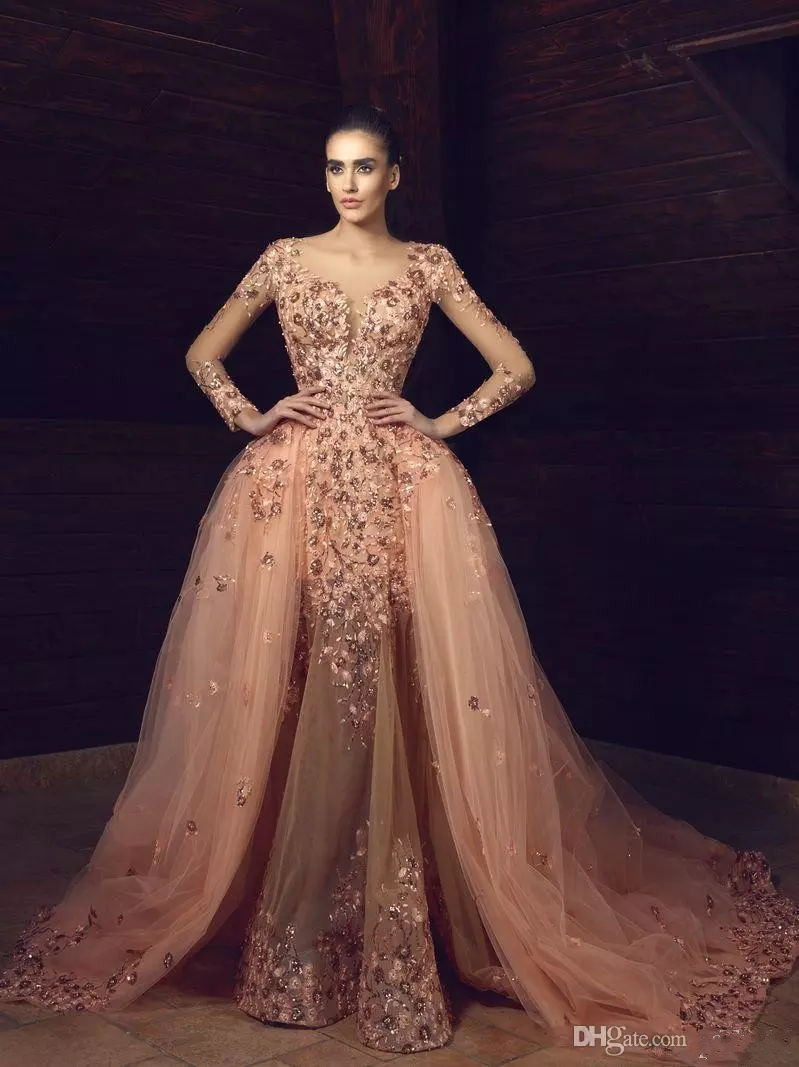 tony chaaya mermaid overskirts prom dresses long sleeves wer embroidery beaded evening gowns sexy plus size formal dress