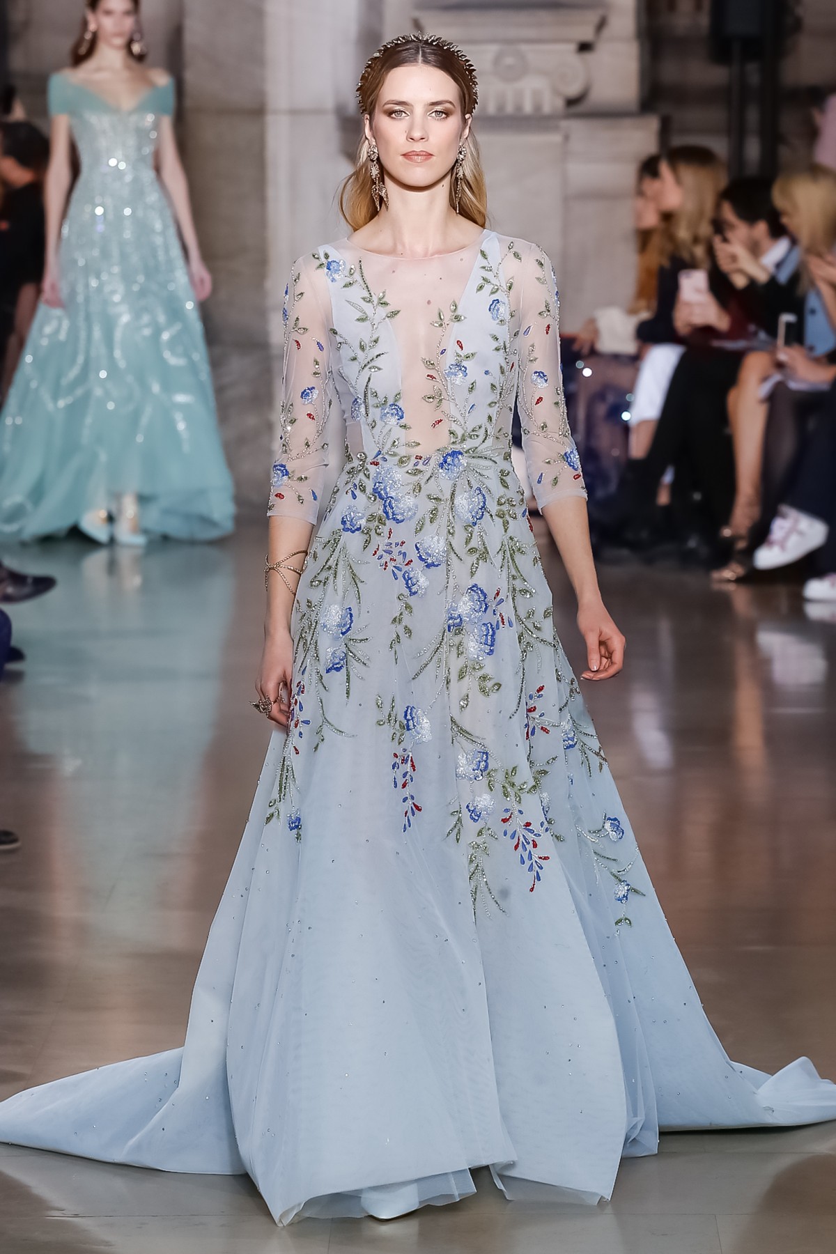 Georges Hobeika Light Sky Blue Prom Dresses Lace Embroidery Sequins 3/4 Long Sleeve Sheer Jewel Neck Sexy Evening Gowns Beaded Luxury Dress