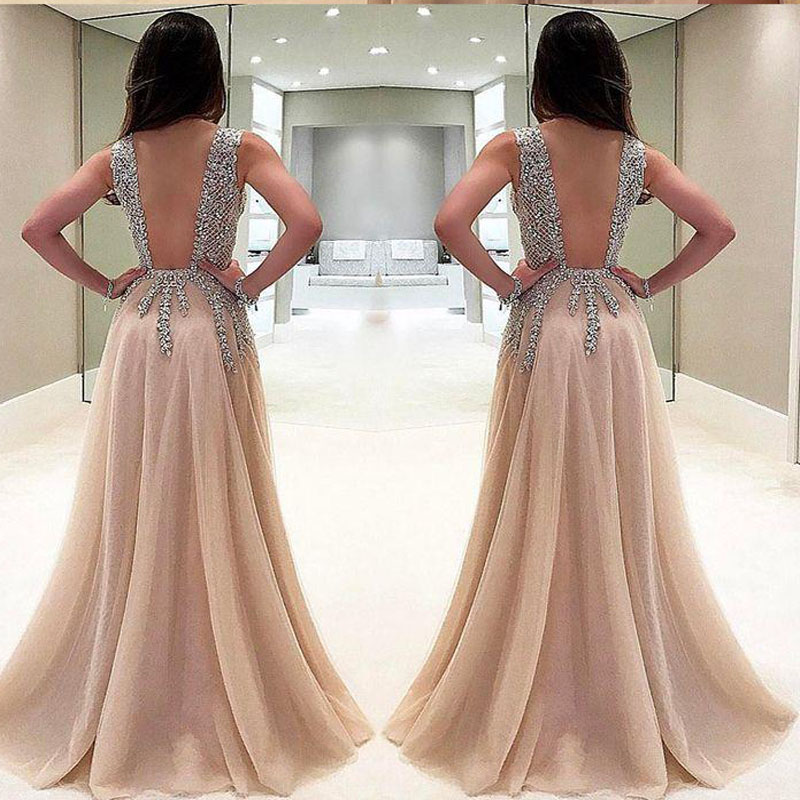Long Luxury Rhinestone Prom Dresses 2020 New Sexy Deep V-neck Side Split Evening Party Wear Gown Champagne Organza A Line vestidos de fiesta