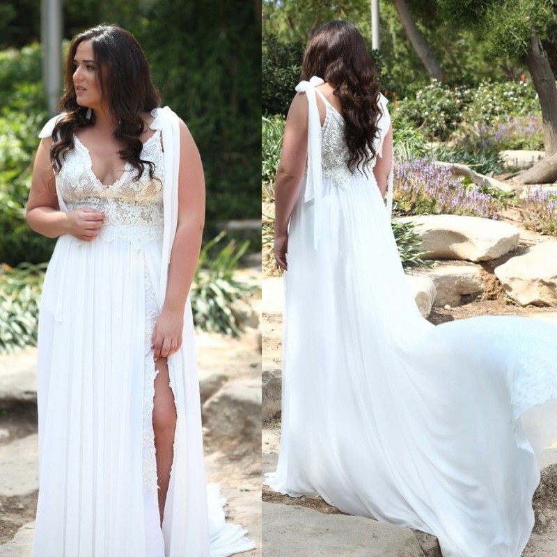 Lace Stylish Plus Size Beach Wedding Dresses V Neck Side Split Bohemian Bridal Gowns A E Sweep Train Chiffon Boho Robe De Mari E