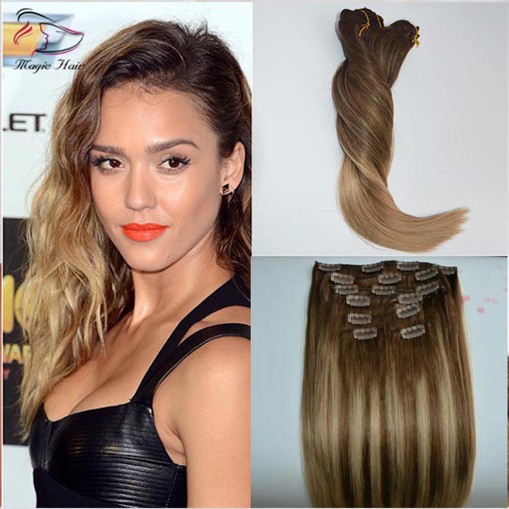 Balayage #2#6 Highlight Color Silk Straight 7Pcs 120g Clips In Hair Extension Brazilian Human Hair extension