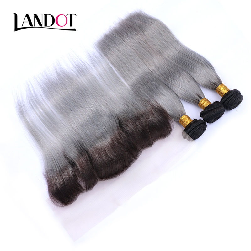 

9A Ombre Grey Brazilian Straight Virgin Hair Weaves 3 Bundles With Lace Frontal Closures Ombre 1B/Grey Peruvian Malaysian Indian Human Hair, Ombre 1b/grey hair