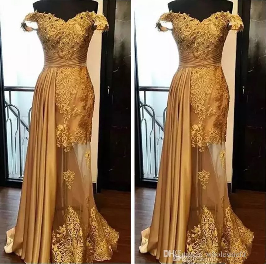 Lace Prom Dresses Off Shoulder Arabic Golden Tulle Applique Ruched Beaded Evening Gowns Floor Length Special Ocn Dress