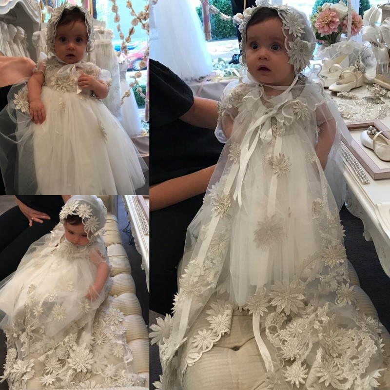 Cheap 2019 New Christening Gowns For Baby Girls With Long Sleeves Jacket Lace Baptism Dresses With Bonnet First Communication Dress