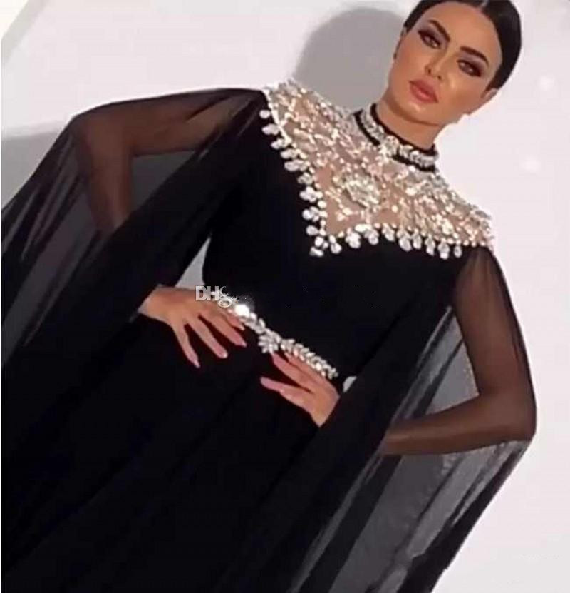 Modest High Neck Crystal Chiffon Black Evening Dresses Long Sleeves Pleats Floor Length Saudi Arabic Dubai Formal Dress Prom Gowns