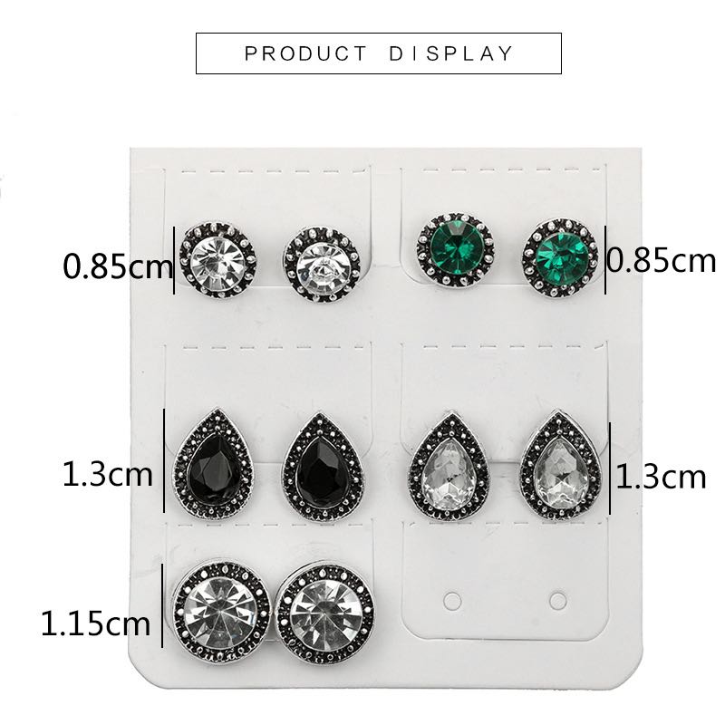 Vintage Bohemia Stud Big Fashion Crystal Earring Shinny Black White Green Rhinestone 5 Pairs For One Set