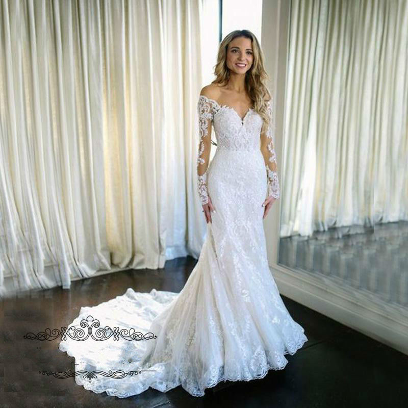 Modest Mermaid Wedding Dresses Off The Shoulder Lace Appliques Sweep Train Long Sleeve Wedding Dress Vestido De Novia Country Bridal Gowns