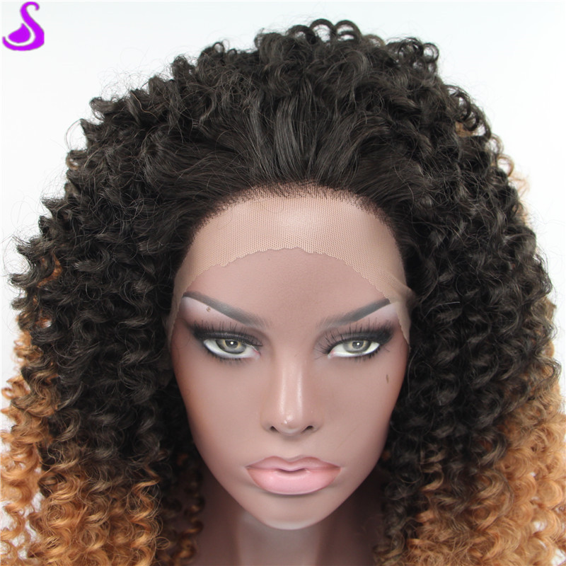 Ombre Brown wig short afro kinky Curly Synthetic Lace Front Wig Glueless Heat Resistant Natural Hair Wigs For black Women 180 Density