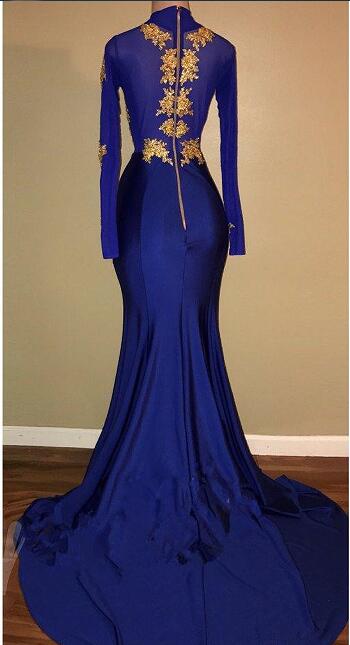 Arabic High Neck Prom Dresses Gold Appliques Mermaid Vintage Long Sleeves 2018 Sexy High Split Black Girls Evening Gowns