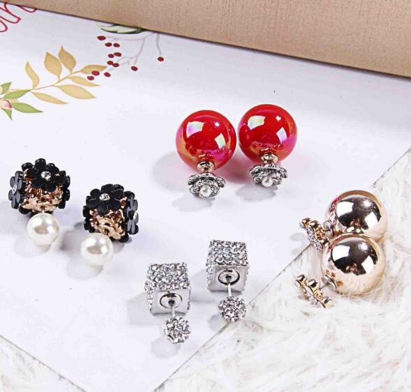 Fashion jewelry mix 20 style 20Pairs/lot delicate Crystal Pearl Double sided Earrings Opal gemstone screw Earrings Fit girl Madam