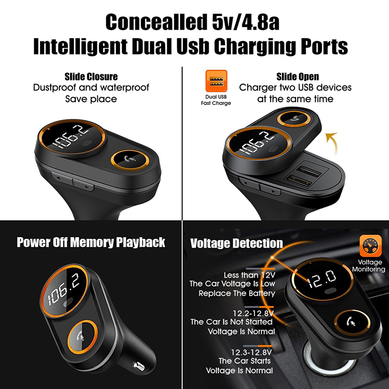 Bluetooth FM Transmitter Hands Free Calling Voice Navigation Music Player Car Charger Bluetooth Car Kit Support Micro SD TF