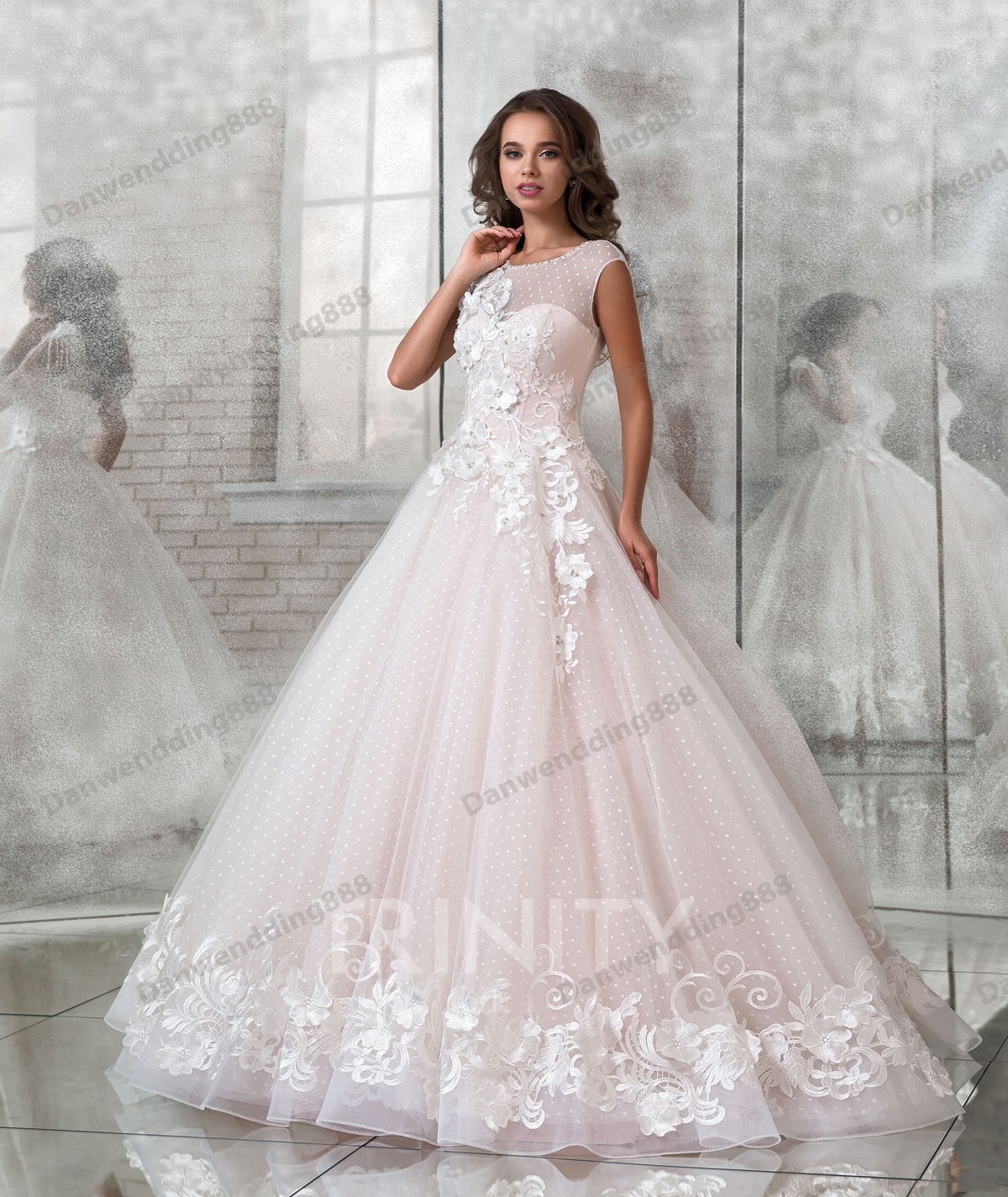 Romantic Pink/White Tulle Applique Beads A-Line Wedding Dresses Bridal Pageant Dresses Wedding Attire Dresses Custom Size 2-16 ZW610118