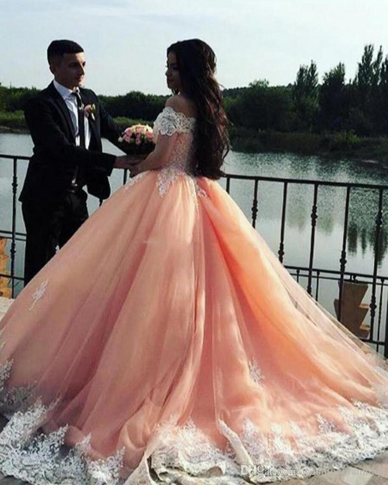 2018 Sexy Blush Pink Sweet 16 Quinceanera Dresses Ball Gown Bateau Neck Appliques Tulle Plus Size Dresses Saudi Arabic Prom Gown