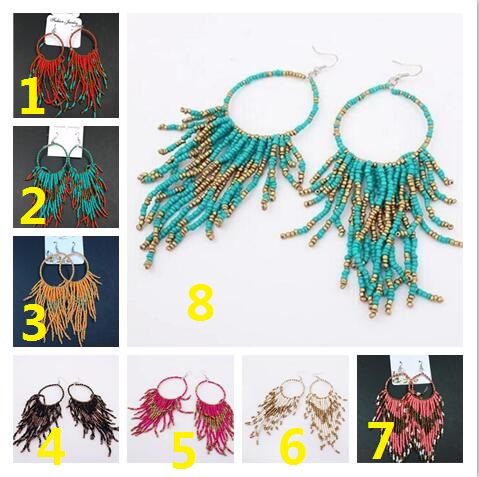 hot Exaggeration Large circle Fashion Women Multilayer Tassels Earrings 8 color Vintage Bohemia Handmade Beaded Earrings