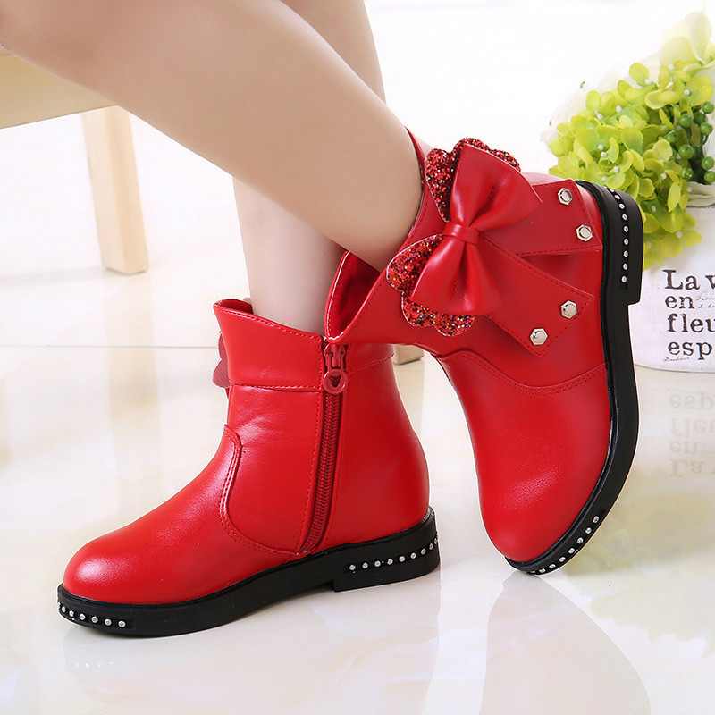 Girls Boots Autumn PU Leather Rubber Boot Fashion Round Toe Zip Bow Tie Princess Shoe Children Kids Winter Rubber Boot Shoes For Girl