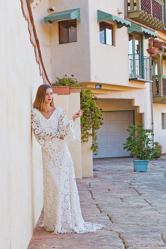 Beach Bohemian Cheap Full Lace Dresses V Neck Backless Long Sleeves Sweep Train Wedding Dress Bridal Gowns Boho Custom Made