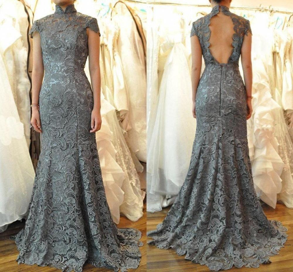 Plus Size High Neck Long Prom Dresses Mermaid Cheap Grey Lace Backless Open Back Gowns Sexy Formal Party Mother's Dresses