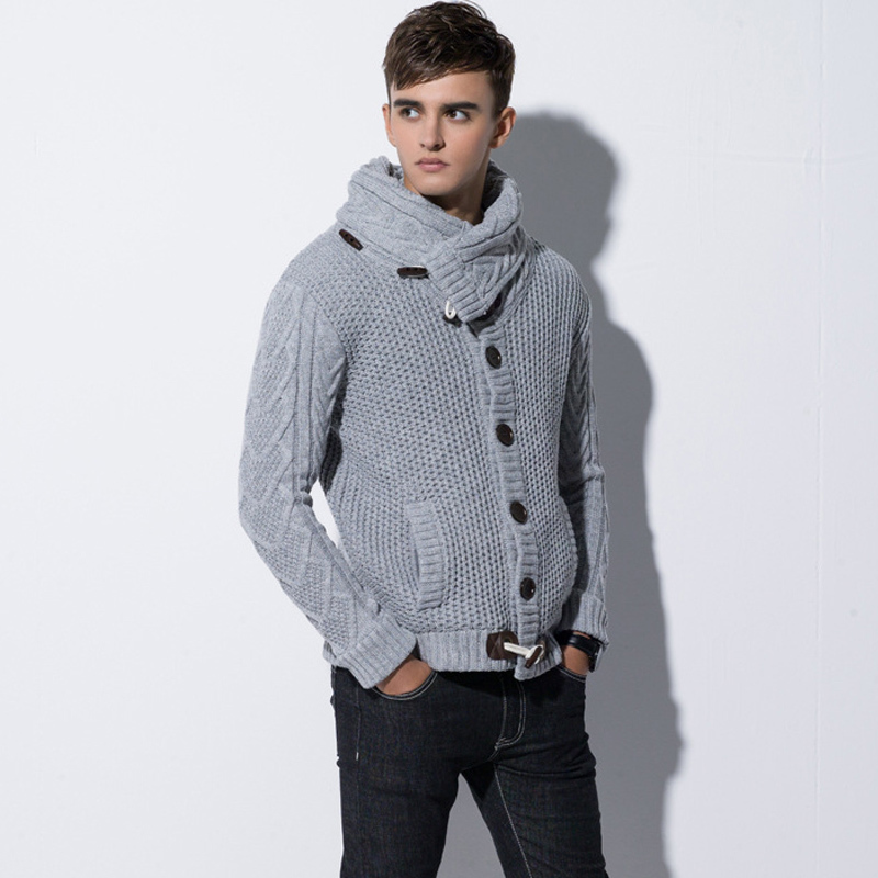 

2018 Men Winter Knitted Sweatercoat Turtleneck Sweaters Male slim fit Cardigan Horn button Sweater coat scarf collar Knitwear